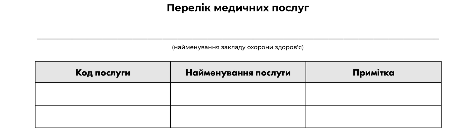 Зразок форми Переліку послуг з охорони здоров’я